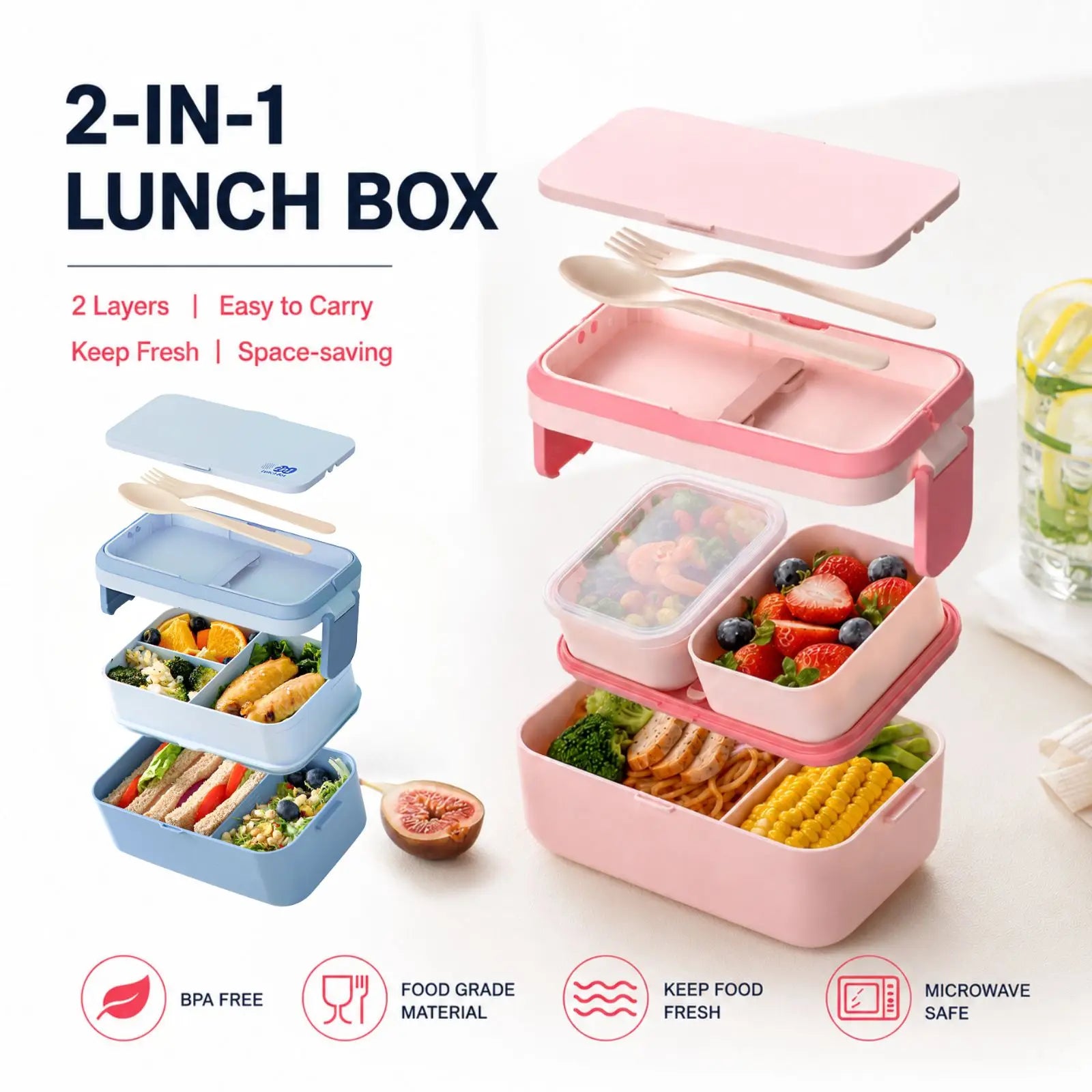 2-lagige Bento Box für Kinder, auslaufsicher, mikrowellengeeignet, 1780 ml 0