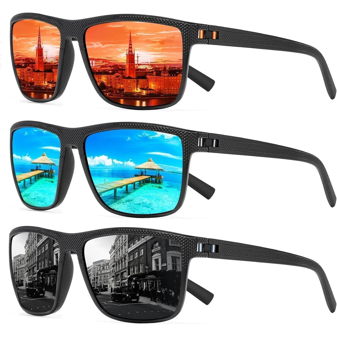 3er Set Polarisierte Sonnenbrillen Herren Damen mit UV400 Schutz und Quadratischem Design 0