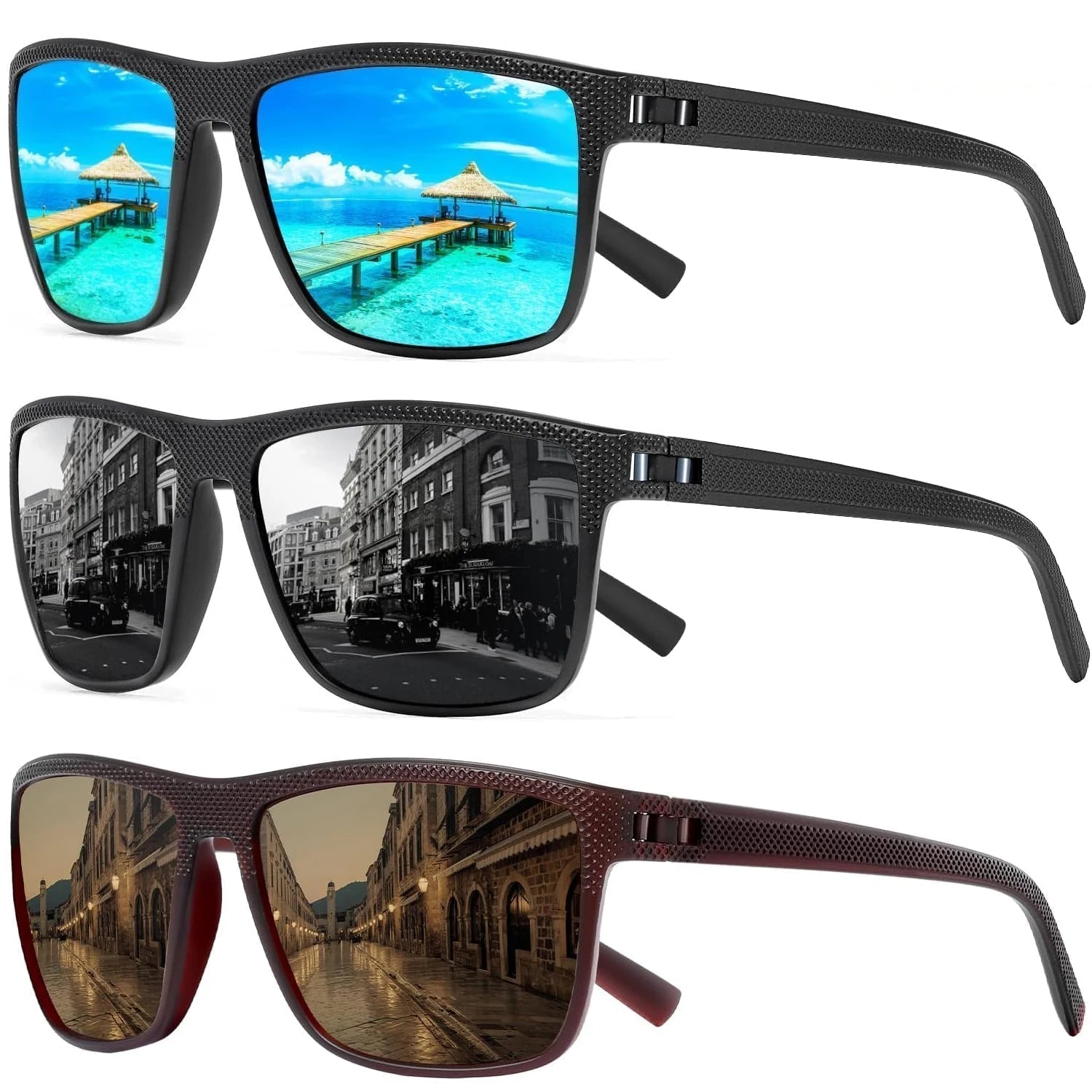 3er Set Polarisierte Sonnenbrillen Herren Damen mit UV400 Schutz und Quadratischem Design 2