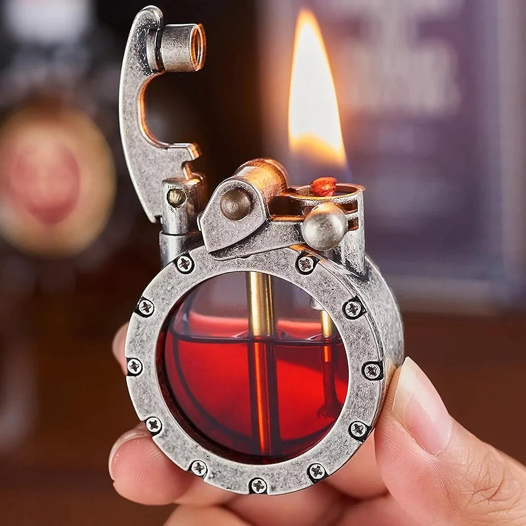 Antikes Kerosinfeuerzeug im Vintage-Design | Sichtfenster für Füllstand | Nachfüllbar, Metallgehäuse & Kipphebel-Zündung 3