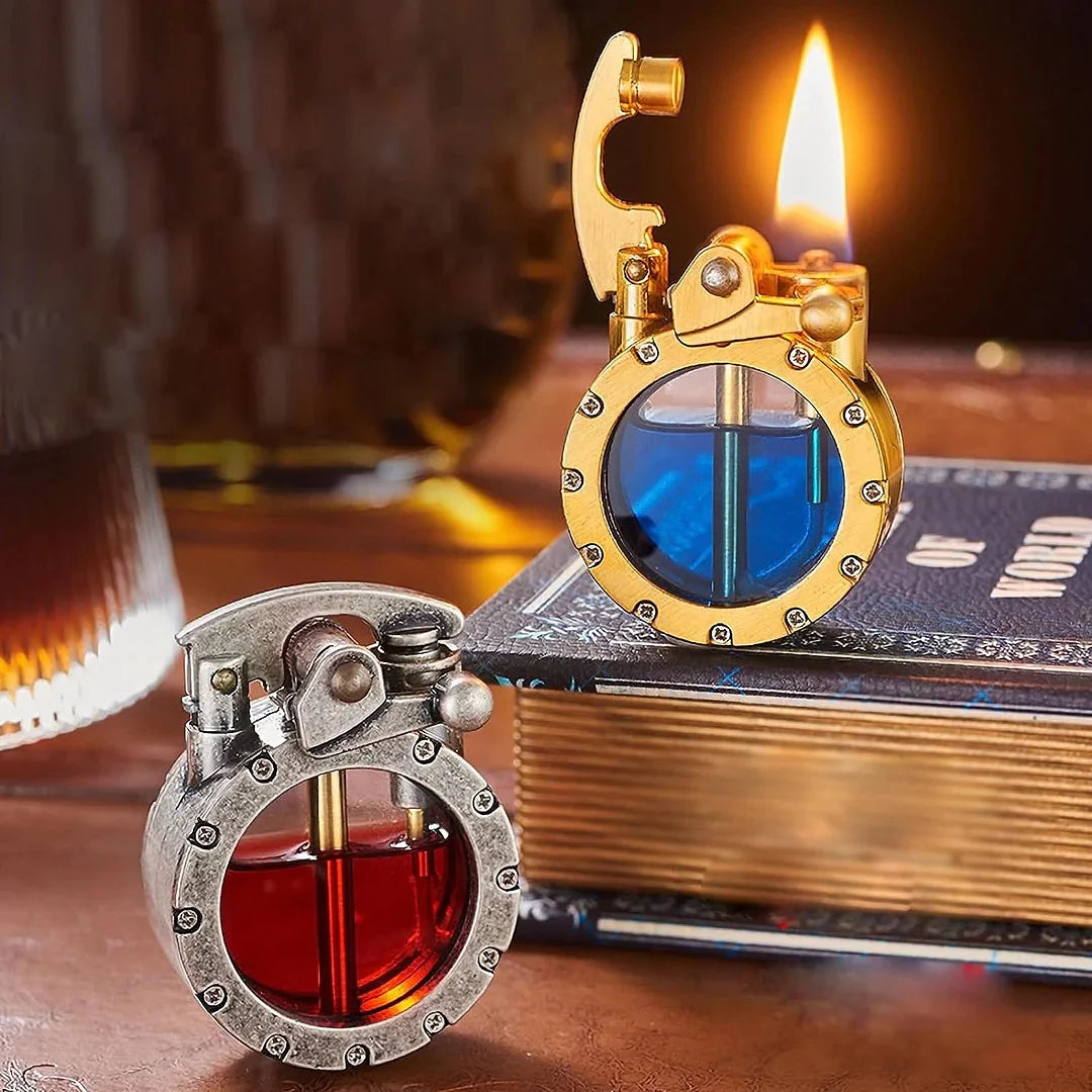 Antikes Kerosinfeuerzeug im Vintage-Design | Sichtfenster für Füllstand | Nachfüllbar, Metallgehäuse & Kipphebel-Zündung 5