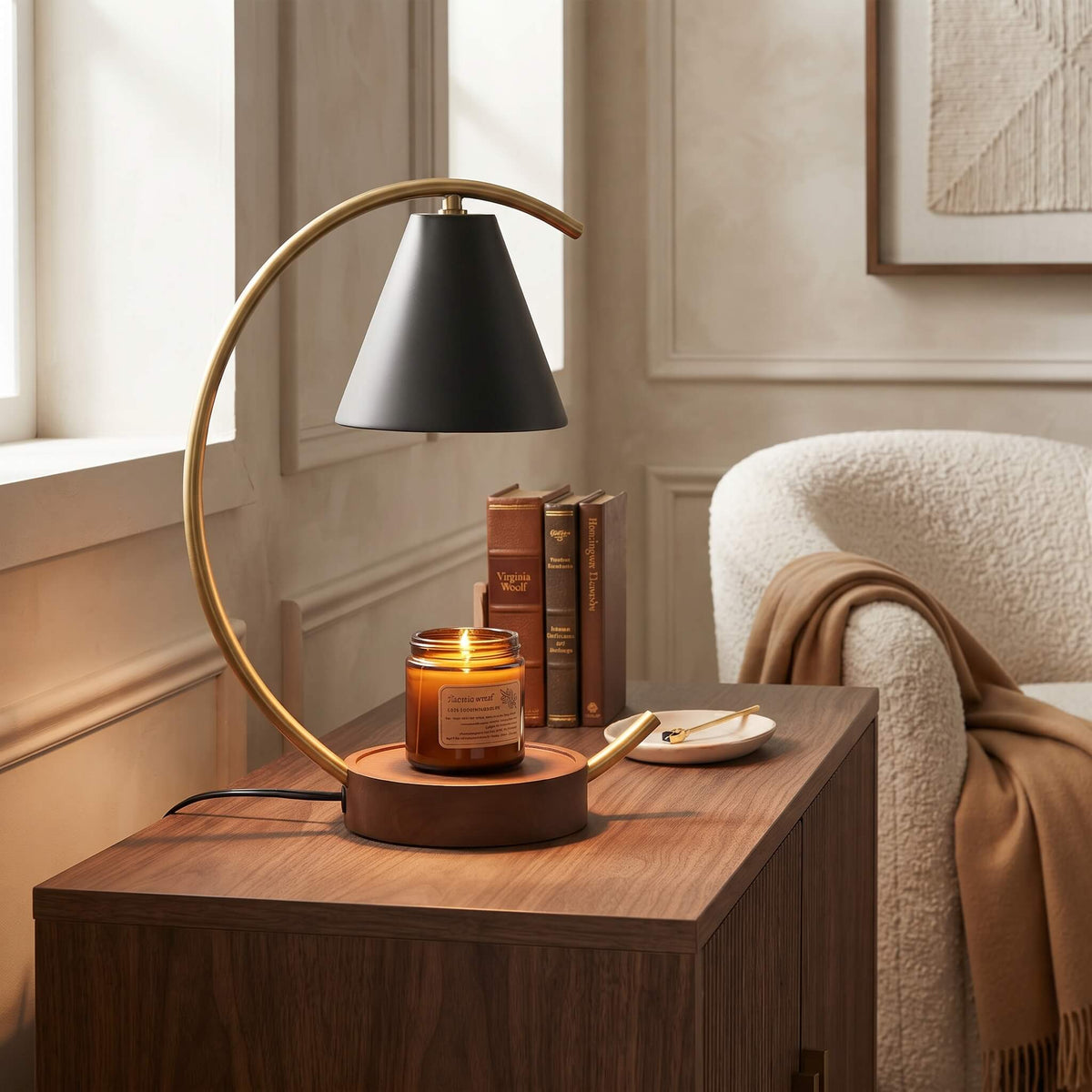 Arc Candle Warmer Lamp with Timer, Matte Black Shade & Brushed Gold Stand, Flameless Candle Heater Light 2