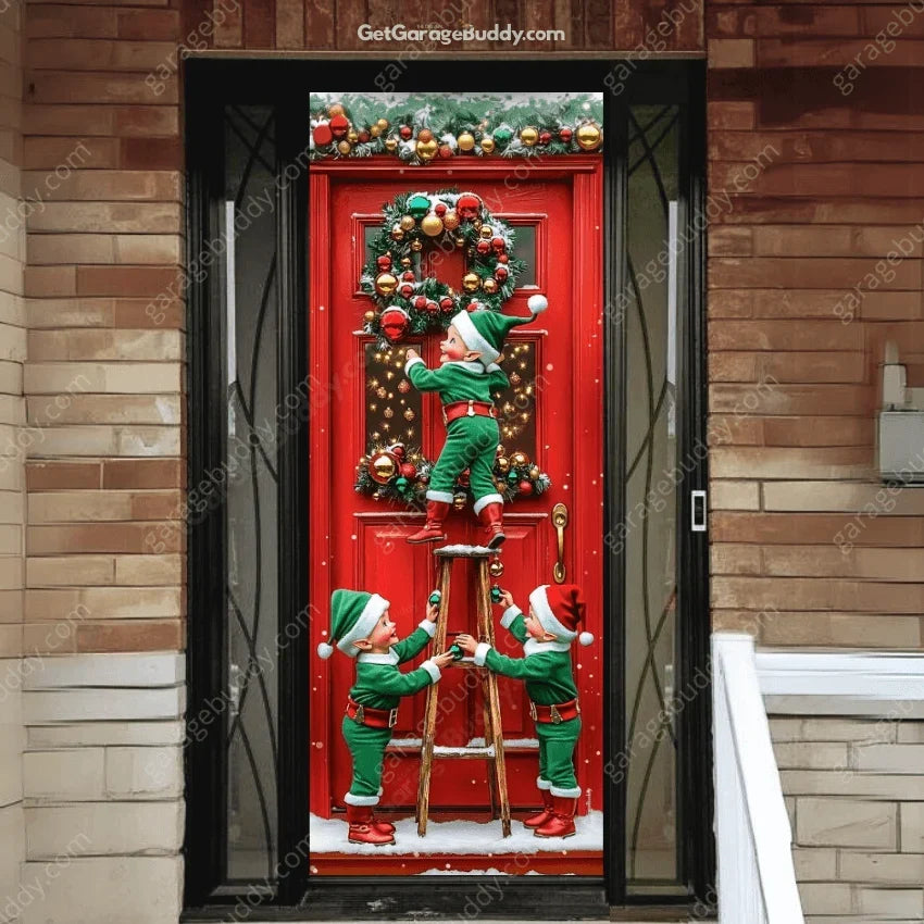 Christmas Door Cover with Elastic Corners for Easy Holiday Decoration 16