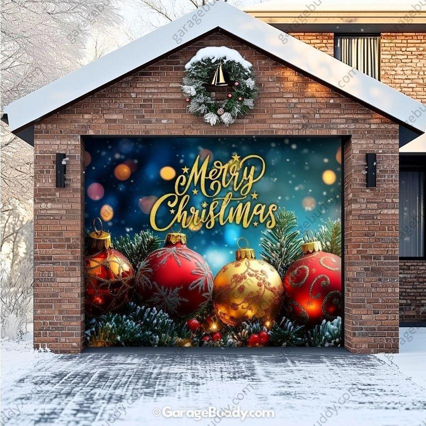 Christmas Garage Door Cover with Colorful Ornaments and Snowflakes 0
