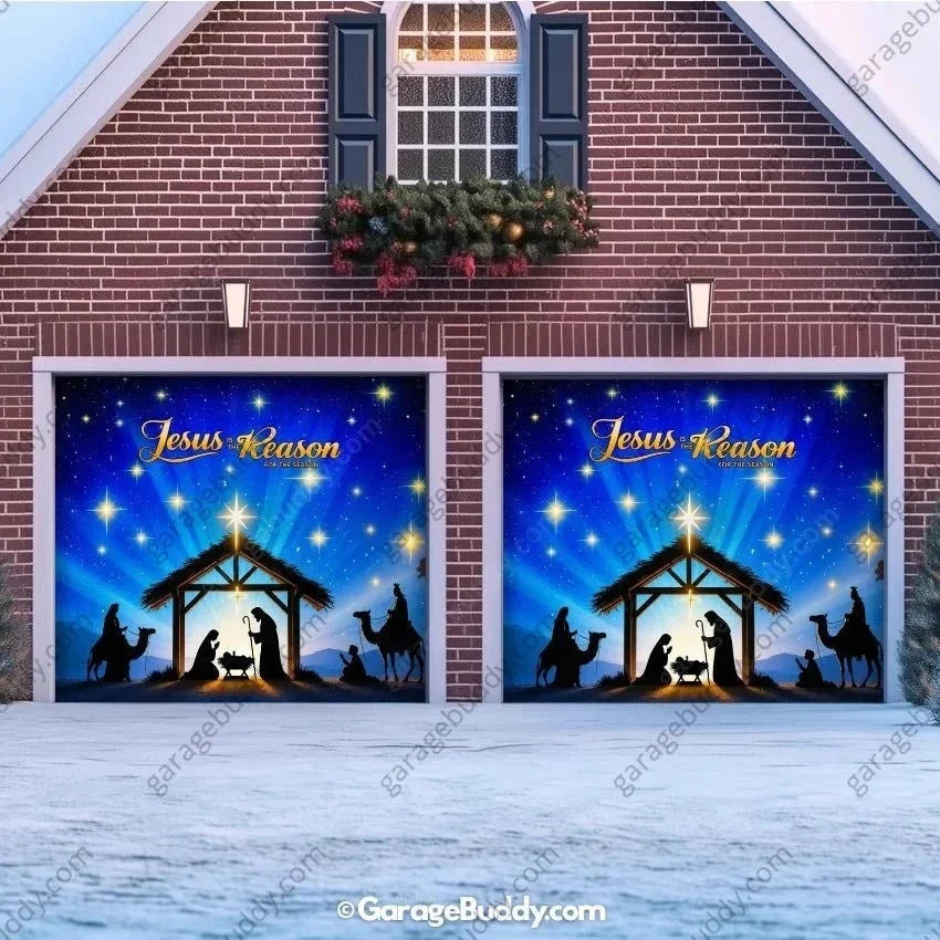 Christmas Garage Door Cover with Jesus Is the Reason Nativity Scene Glow Design 12