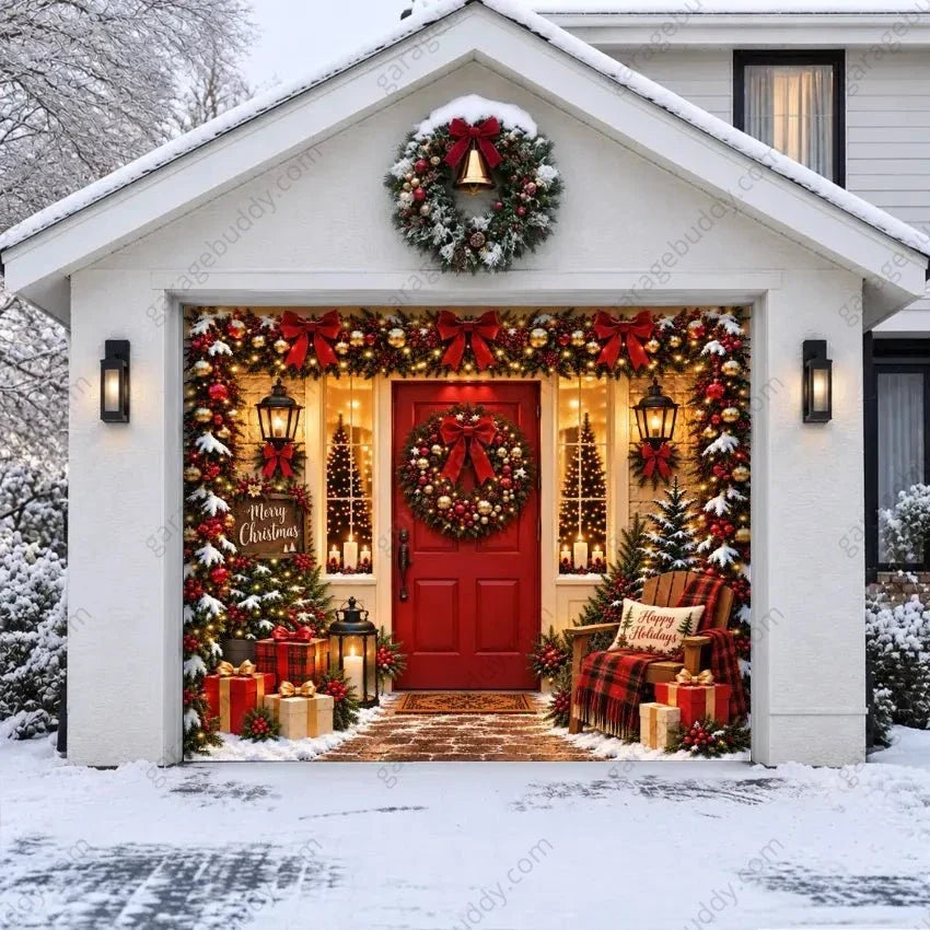 Christmas Garage Door Cover with Lights and Wreaths - Holiday Decor for Festive Transformation 0