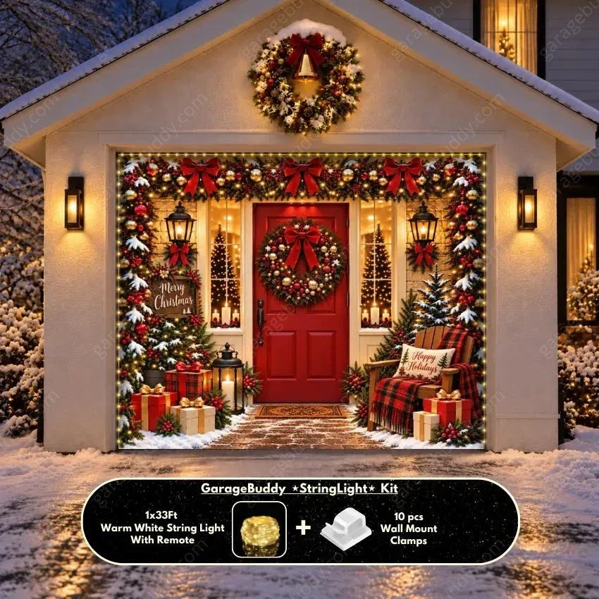 Christmas Garage Door Cover with Lights and Wreaths - Holiday Decor for Festive Transformation 7