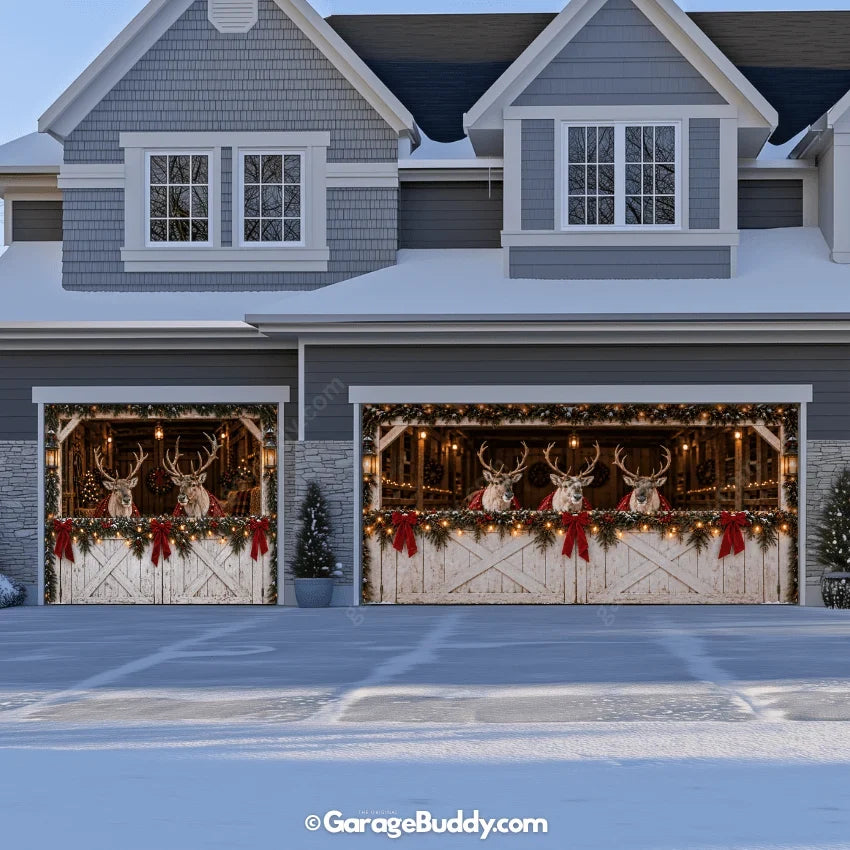 Christmas Garage Door Cover with Reindeer Barn Design and Festive Lights 10