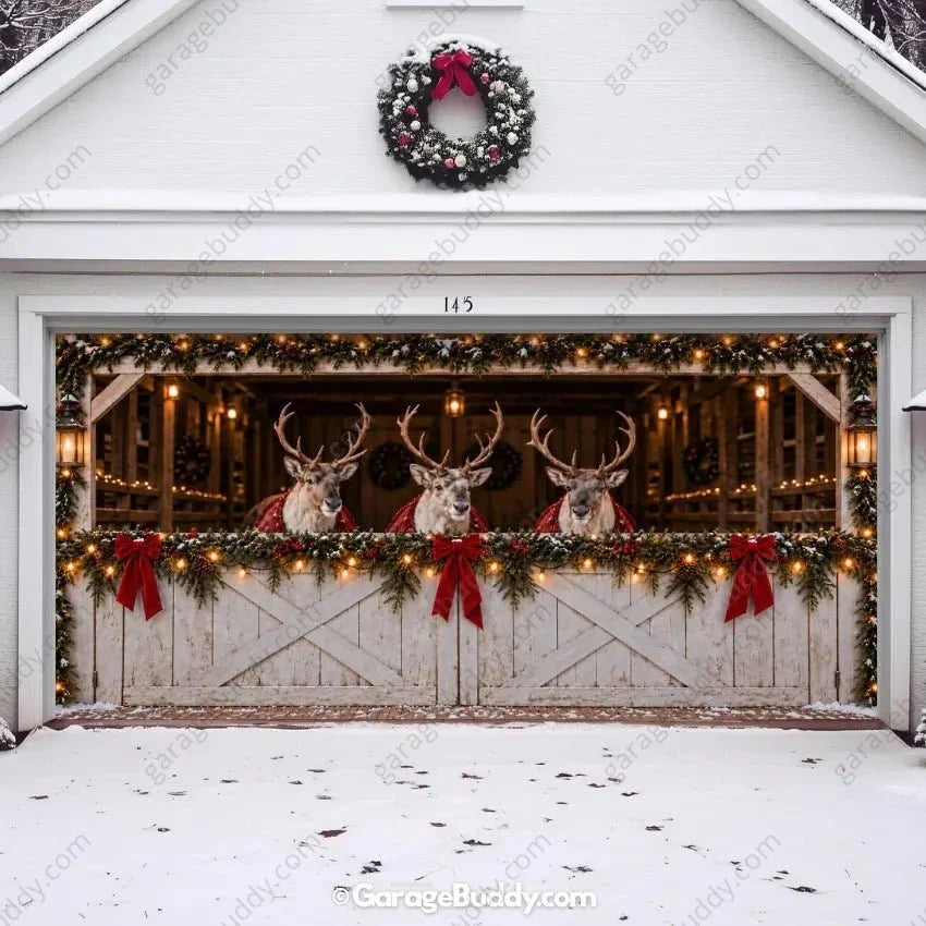 Christmas Garage Door Cover with Reindeer Barn Design and Festive Lights 14