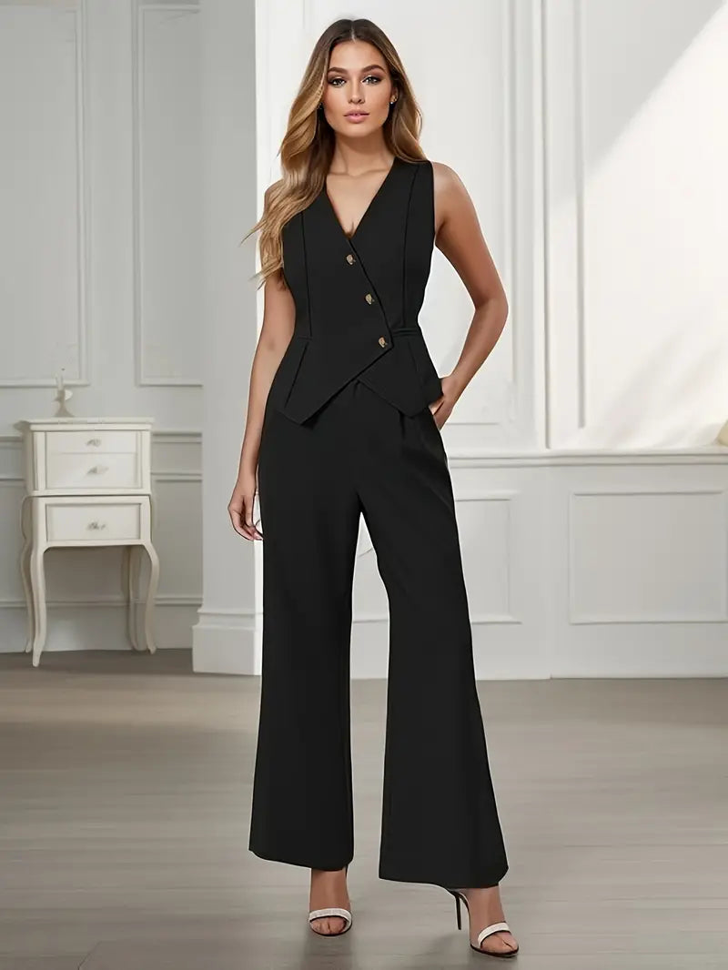 Elegante Mouwloze Blazer en Wijde Pijpen Broek Set 2