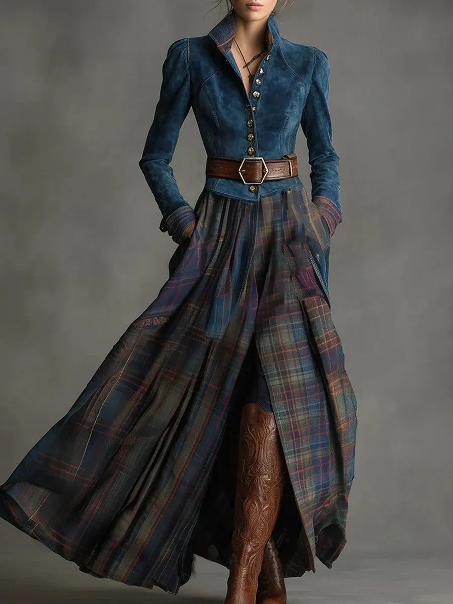 Fitted Maxi Dress With Plaid Skirt - Beulah 3