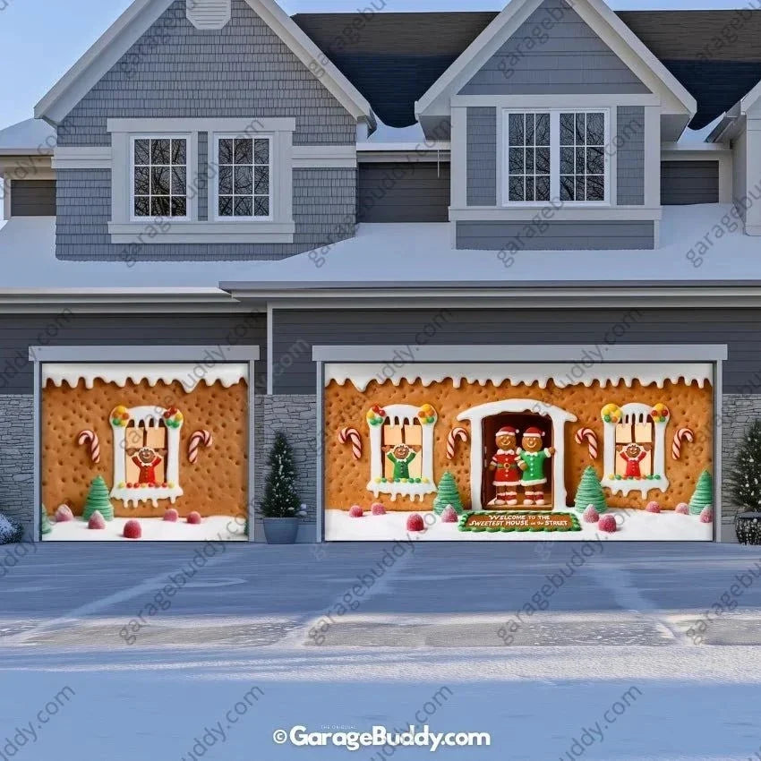 Gingerbread Family Christmas Garage Door Cover - Festive Holiday Decor 13