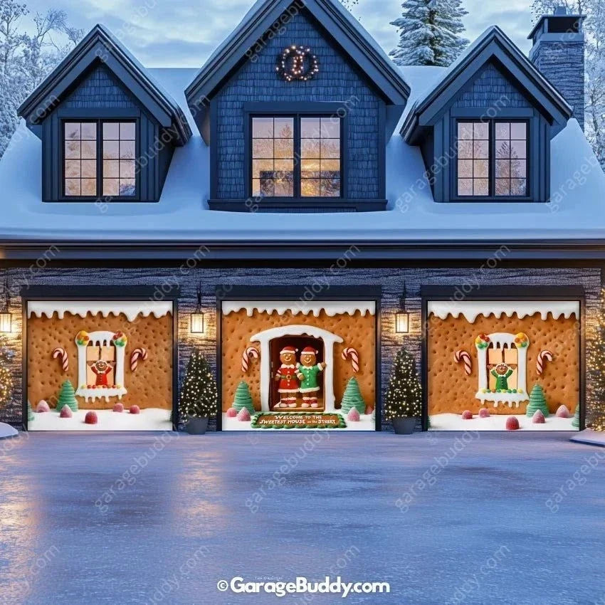 Gingerbread Family Christmas Garage Door Cover - Festive Holiday Decor 15