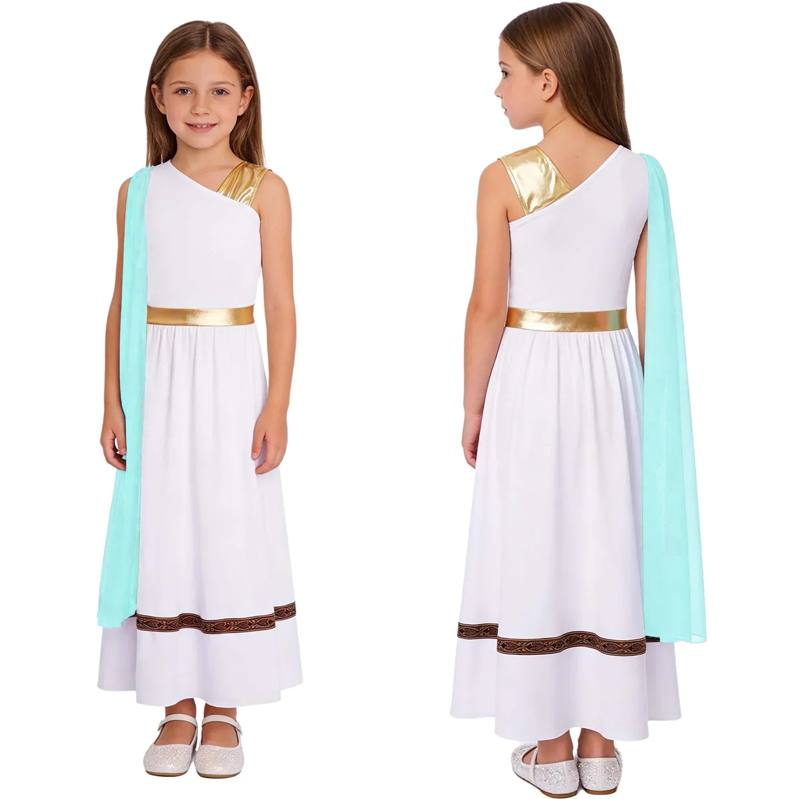 Grieks-Romeins Athena Godin Kostuum voor Meisjes met Gouden Accenten en Toga 24