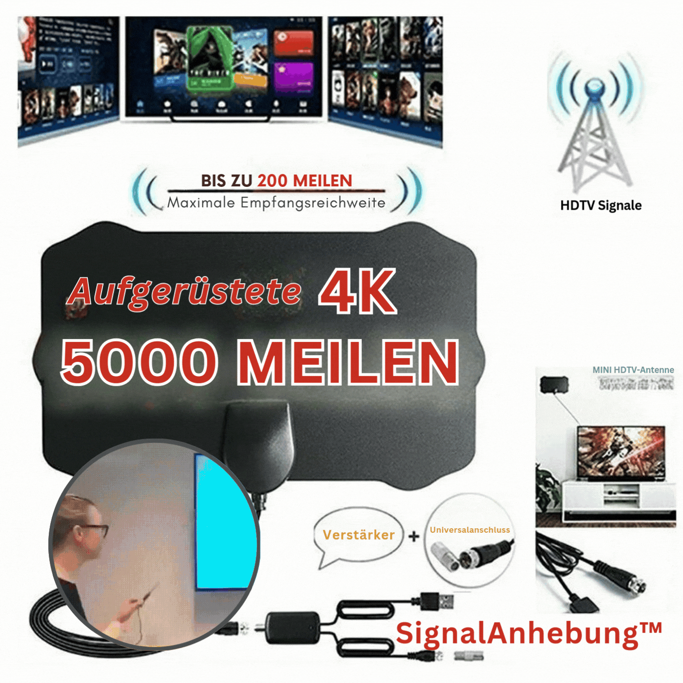 HDTV Antenne Indoor mit Signalverstärker | Slim TV-Antenne für HD-Empfang | Koaxialkabel inklusive | einfache Installation 3