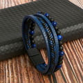 Herenarmband van gelaagd leer en stenen kralen 2