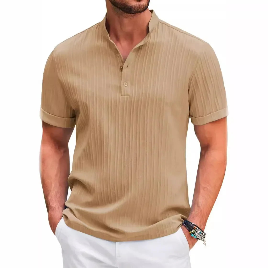 Herren T-Shirt aus Baumwolle und Leinen mit natürlichem Falten-Look 0