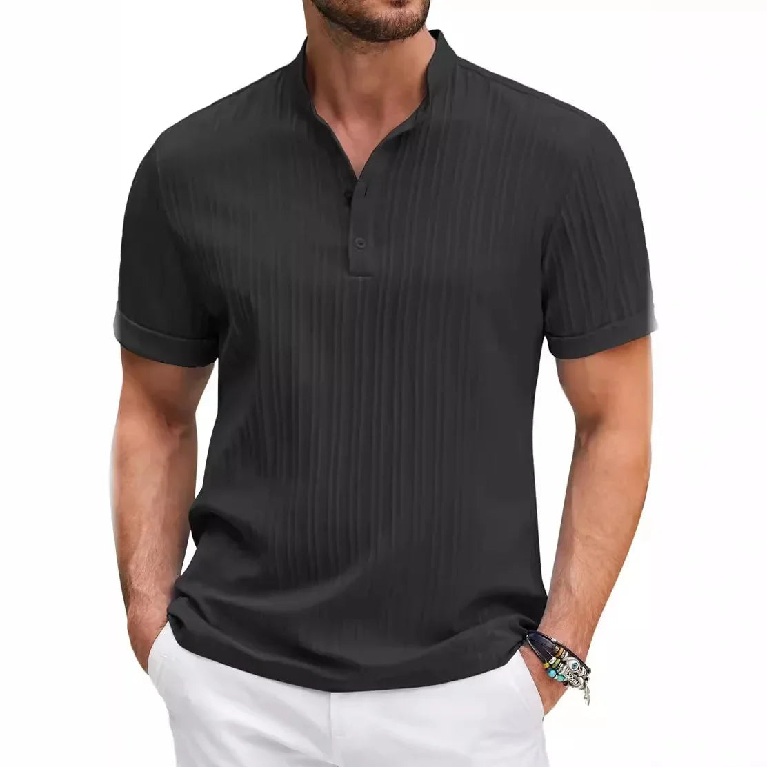 Herren T-Shirt aus Baumwolle und Leinen mit natürlichem Falten-Look 4