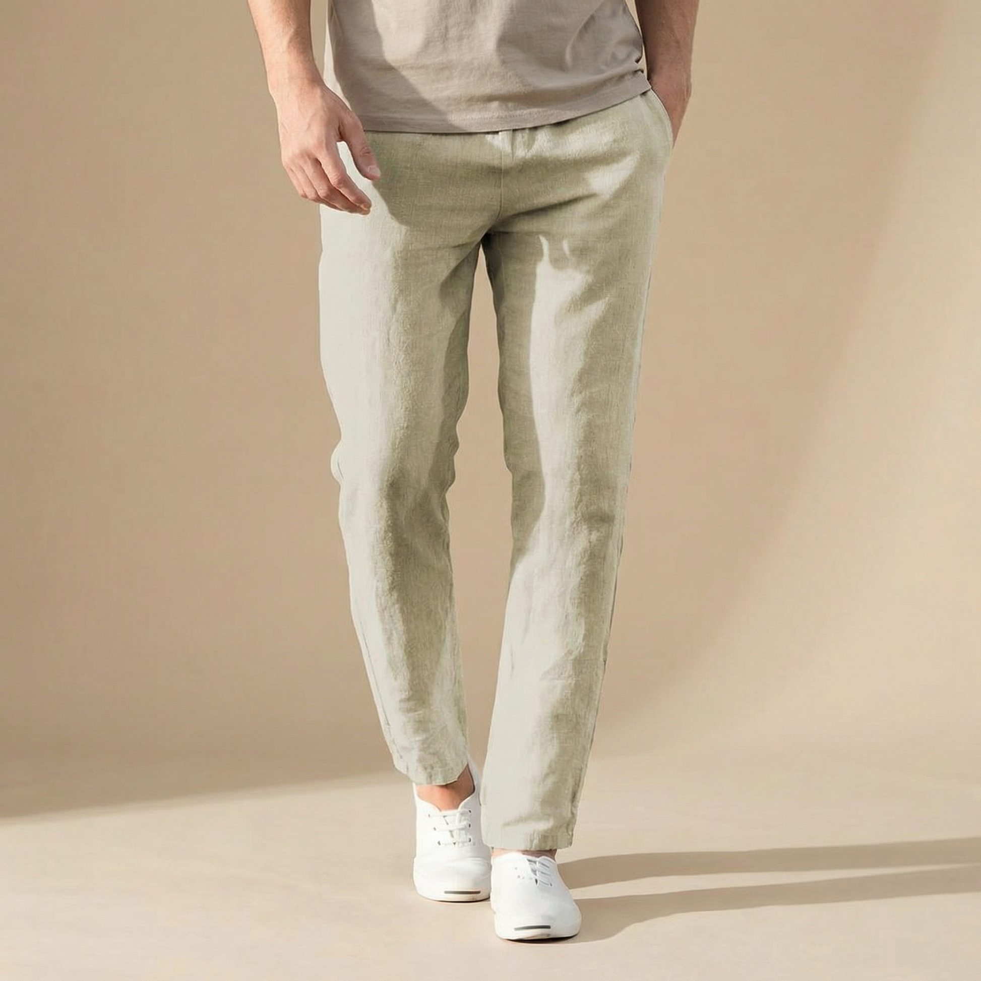 Leinen-Sommerhose für Herren, normale Passform, atmungsaktives Material, elastischer Bund 0