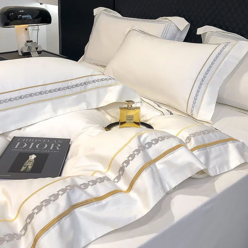 Luxuriöses Bettwäsche-Set aus 100 % ägyptischer Baumwolle mit Stickerei im Hotelstil, bestehend aus Bettbezug, Spannbettlaken und Kissenbezug (Queen- und Kingsize-Größe). 0