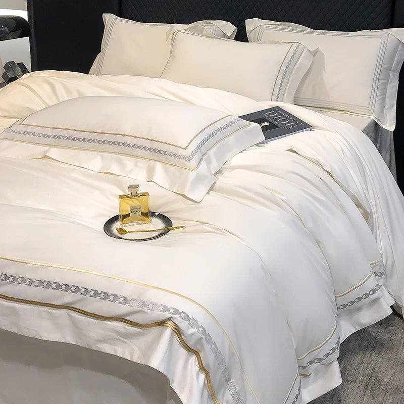 Luxuriöses Bettwäsche-Set aus 100 % ägyptischer Baumwolle mit Stickerei im Hotelstil, bestehend aus Bettbezug, Spannbettlaken und Kissenbezug (Queen- und Kingsize-Größe). 2
