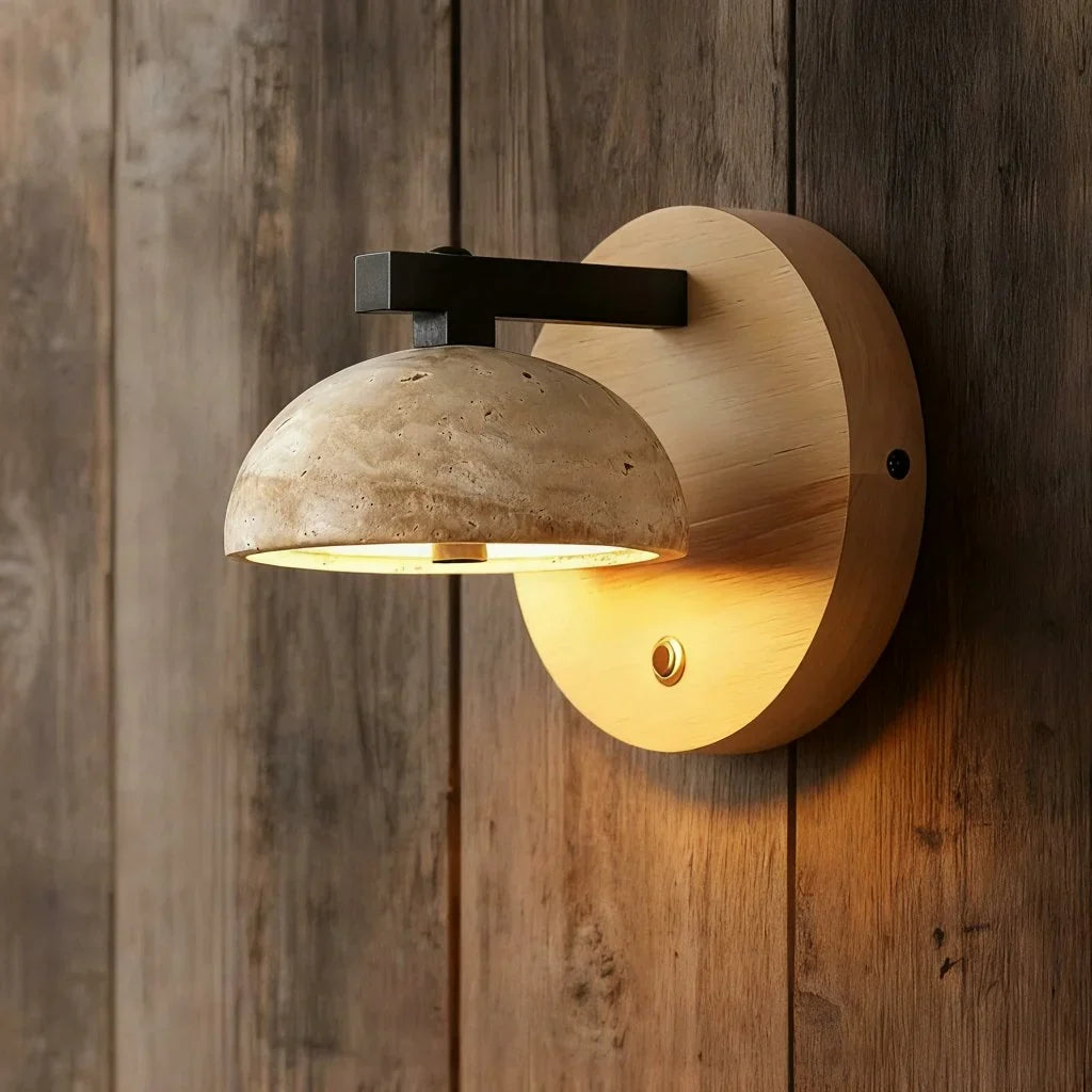 Riley Travertine Wood Round Wall Sconce 0