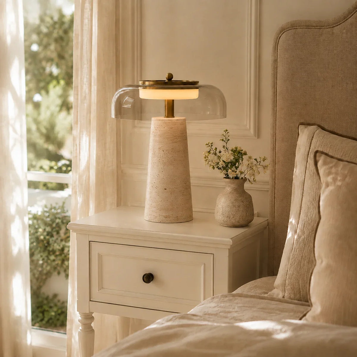 Ryn Wabi‑Sabi Travertine Glass Mushroom Table Light 8