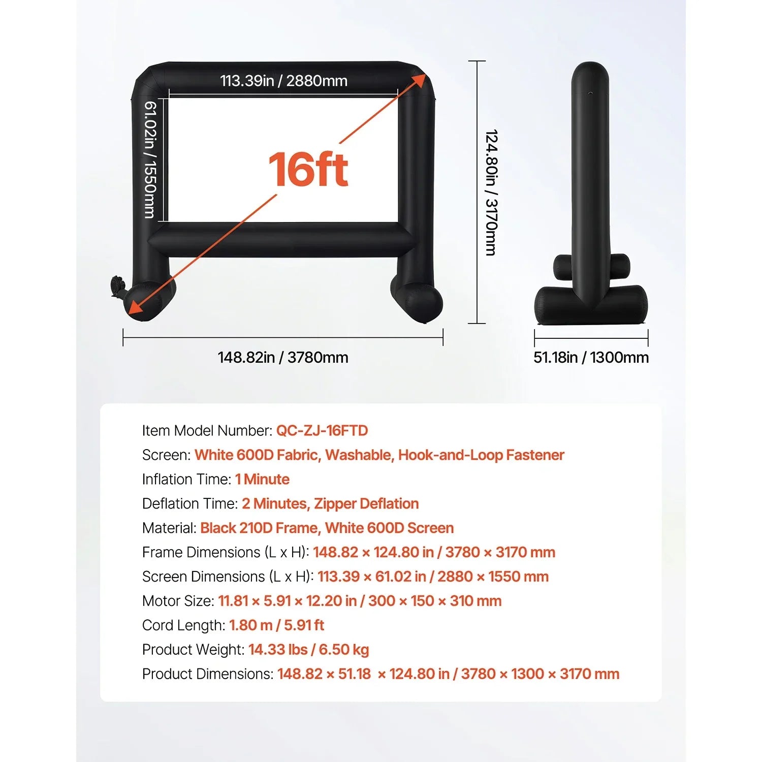 SucceBuy 14/15/16/18/20 FT Inflatable Projector Screen with 120W Air Blower Projector Screen for Outdoor Theater Theme Party VestraGear