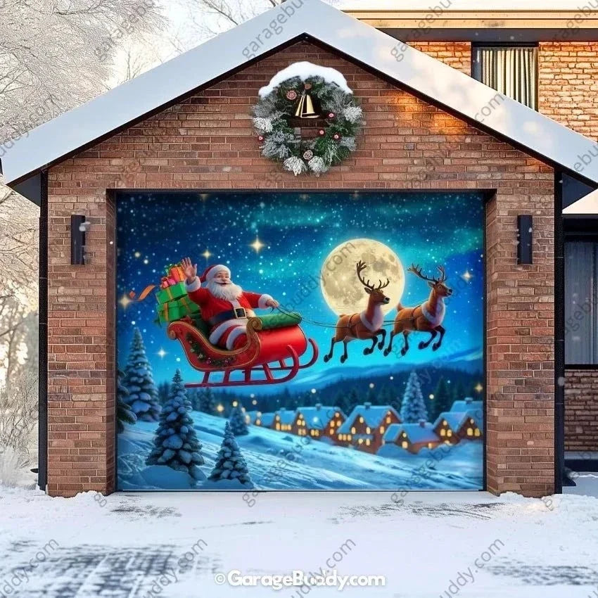 Santa's Flight Christmas Garage Door Cover with Elf Design - Holiday Decor 1