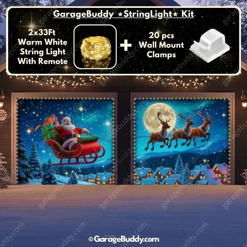 Santa's Flight Christmas Garage Door Cover with Elf Design - Holiday Decor 12