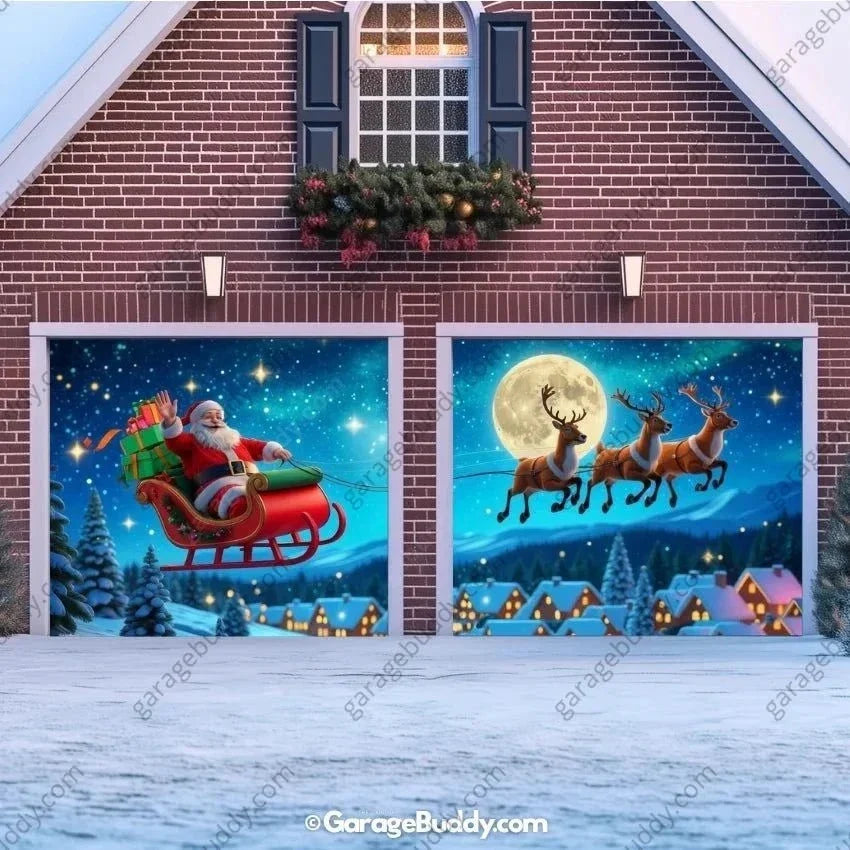 Santa's Flight Christmas Garage Door Cover with Elf Design - Holiday Decor 8
