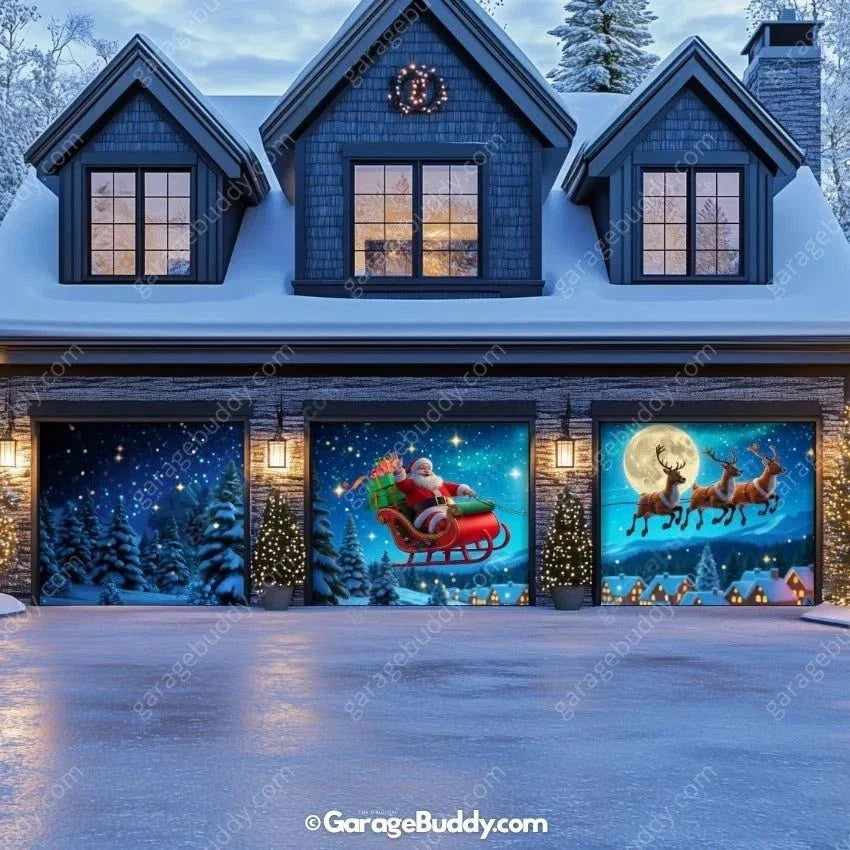 Santa's Flight Christmas Garage Door Cover with Elf Design - Holiday Decor 9