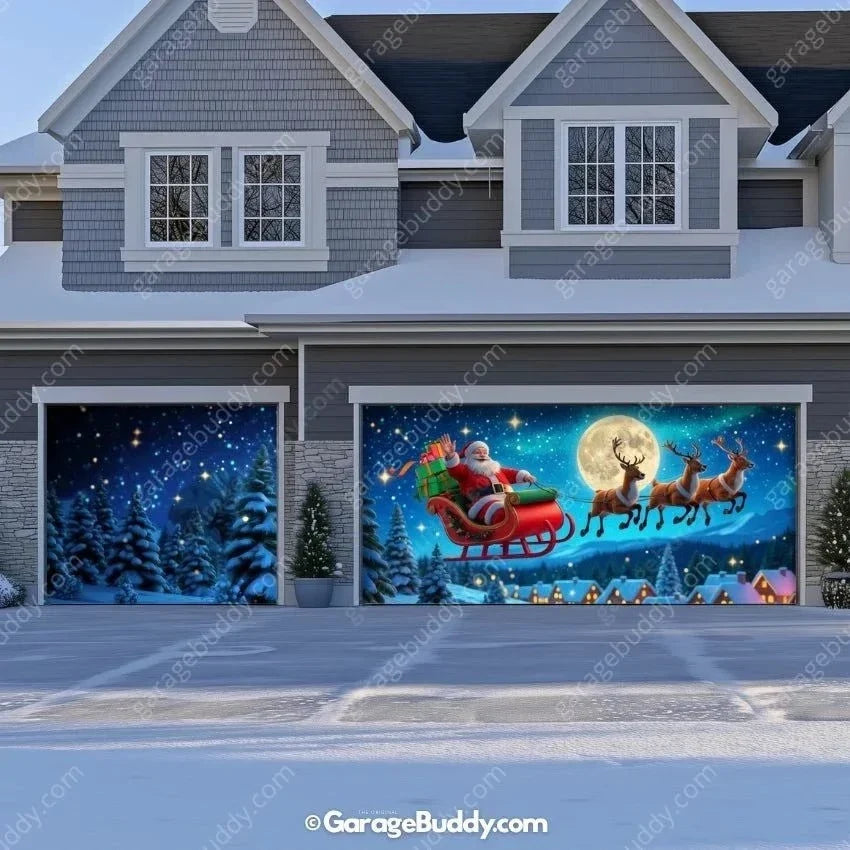 Santa’s Flight Glow Christmas Garage Door Cover – Easy Installation, Festive Holiday Decor 11