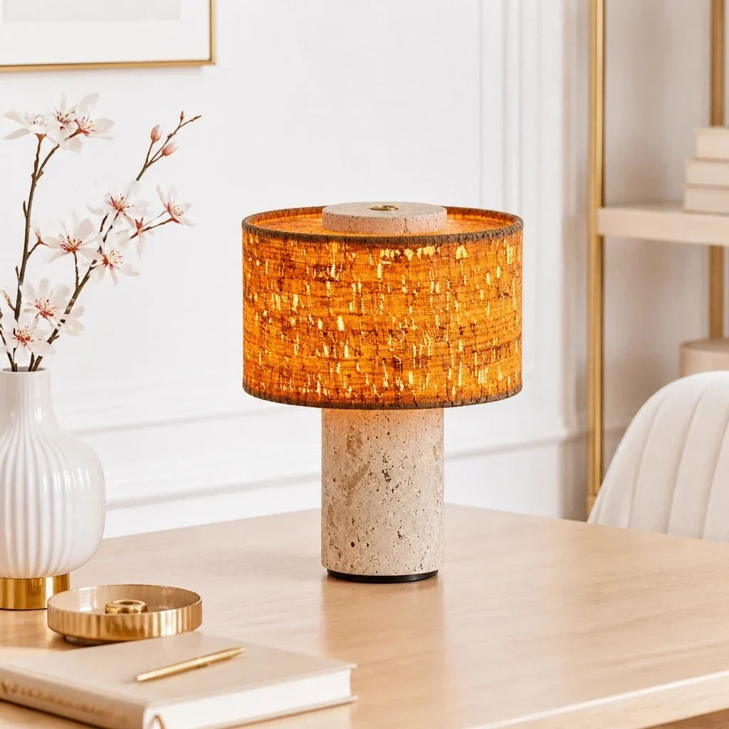 Teleri Wabi-Sabi Cylinder Travertine Fabric Table Light 1