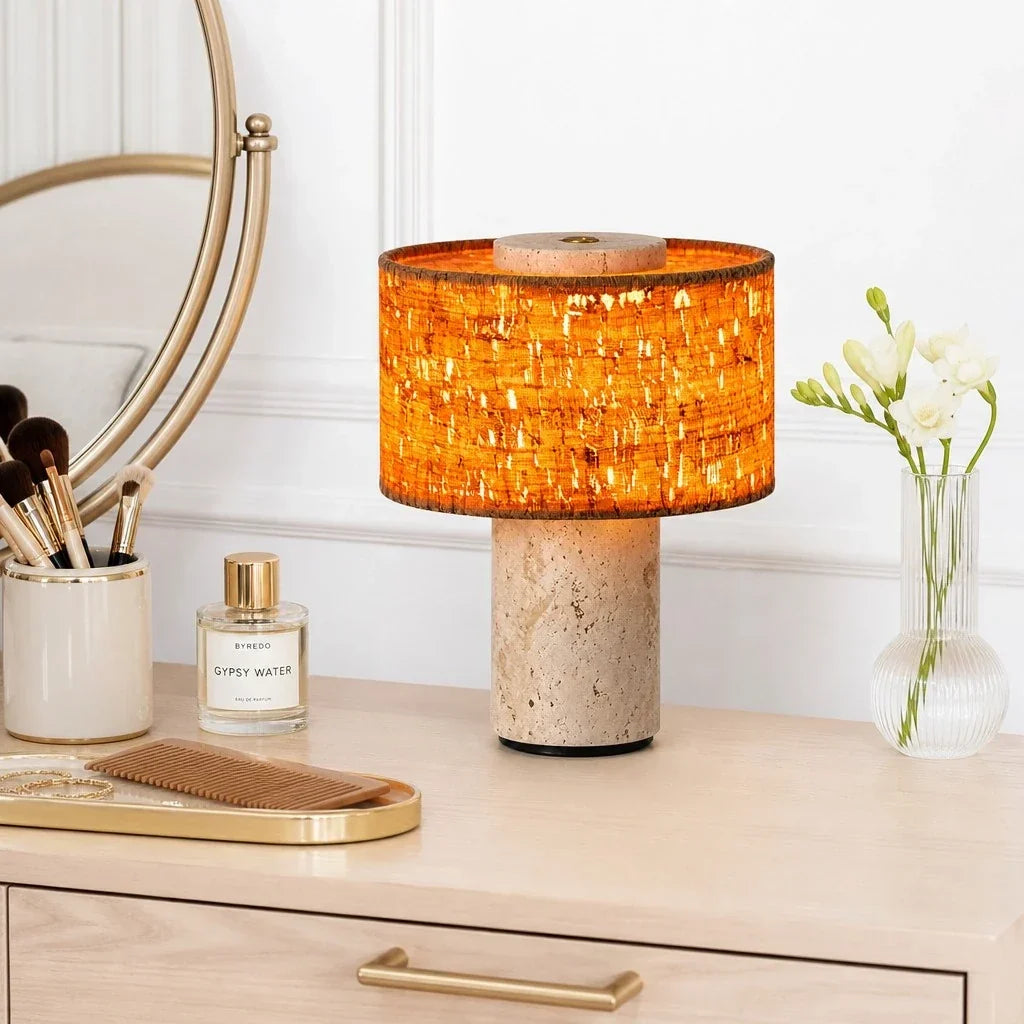 Teleri Wabi-Sabi Cylinder Travertine Fabric Table Light 2