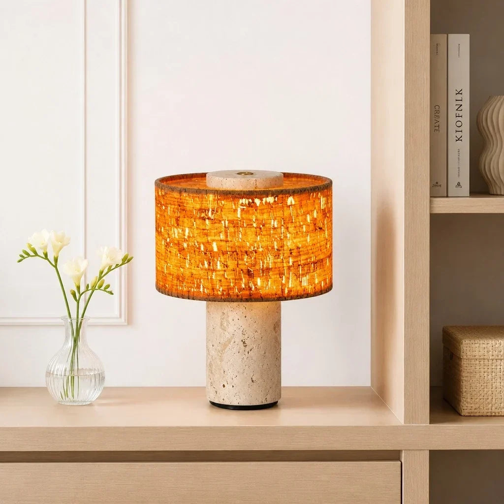 Teleri Wabi-Sabi Cylinder Travertine Fabric Table Light 3