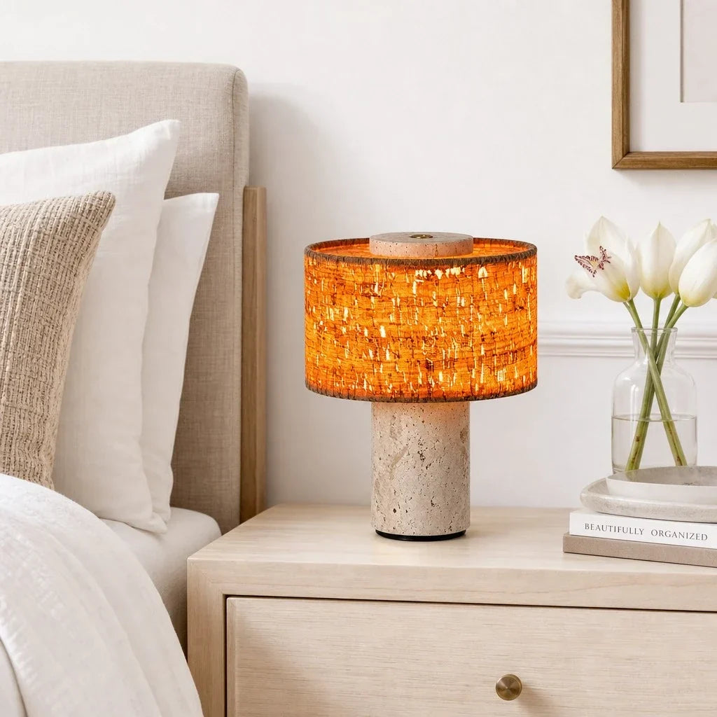 Teleri Wabi-Sabi Cylinder Travertine Fabric Table Light 5