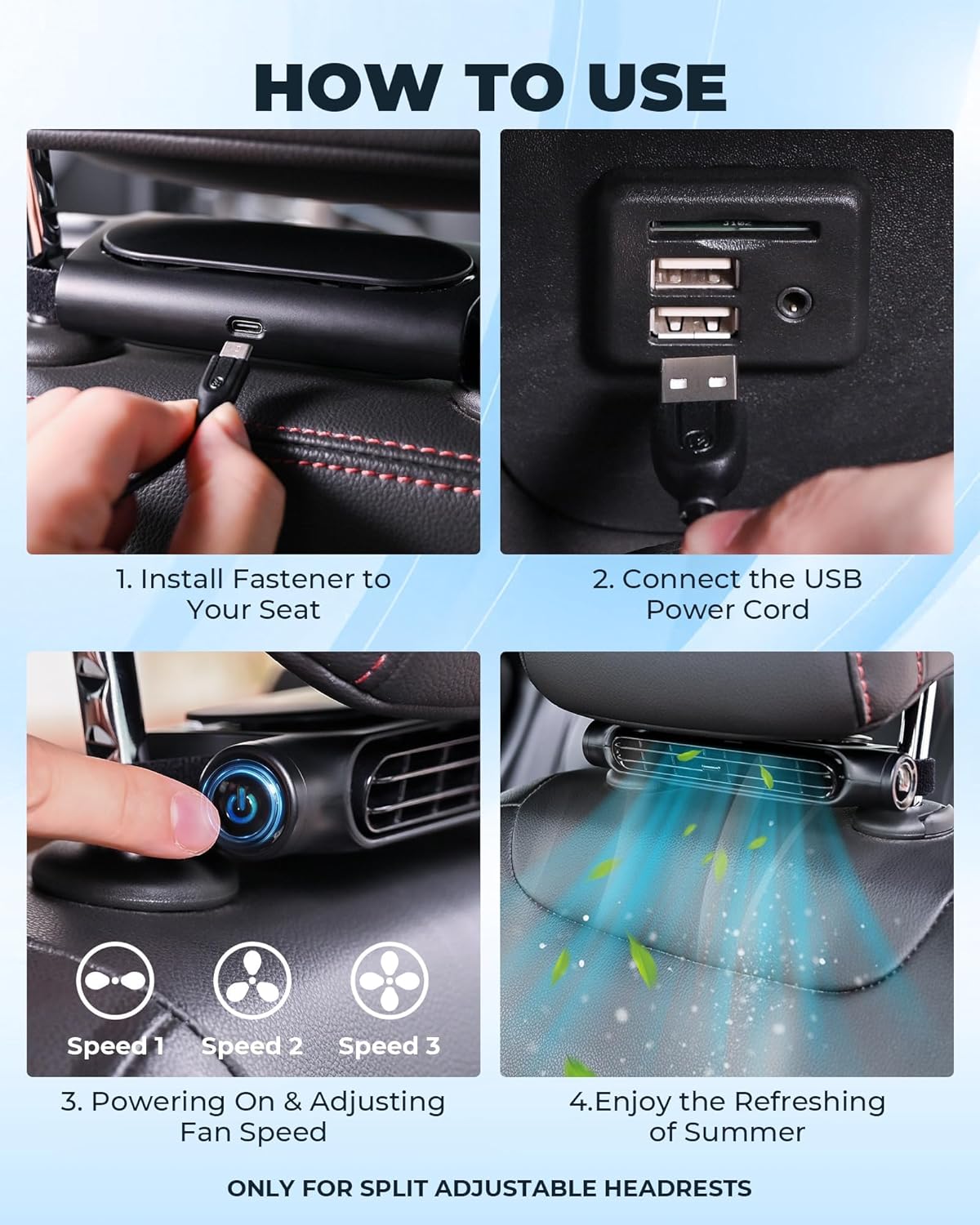 USB-Autolüfter Flügellos mit 3 Geschwindigkeitsstufen für Kopfstützenbefestigung 8